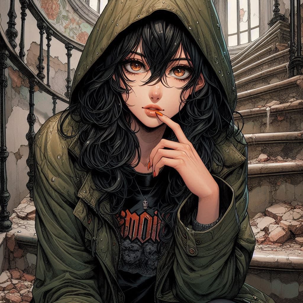 在廢墟樓梯上的女子