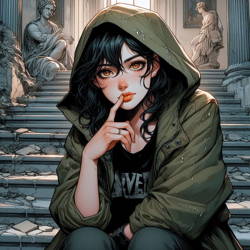 在廢墟樓梯上的女子