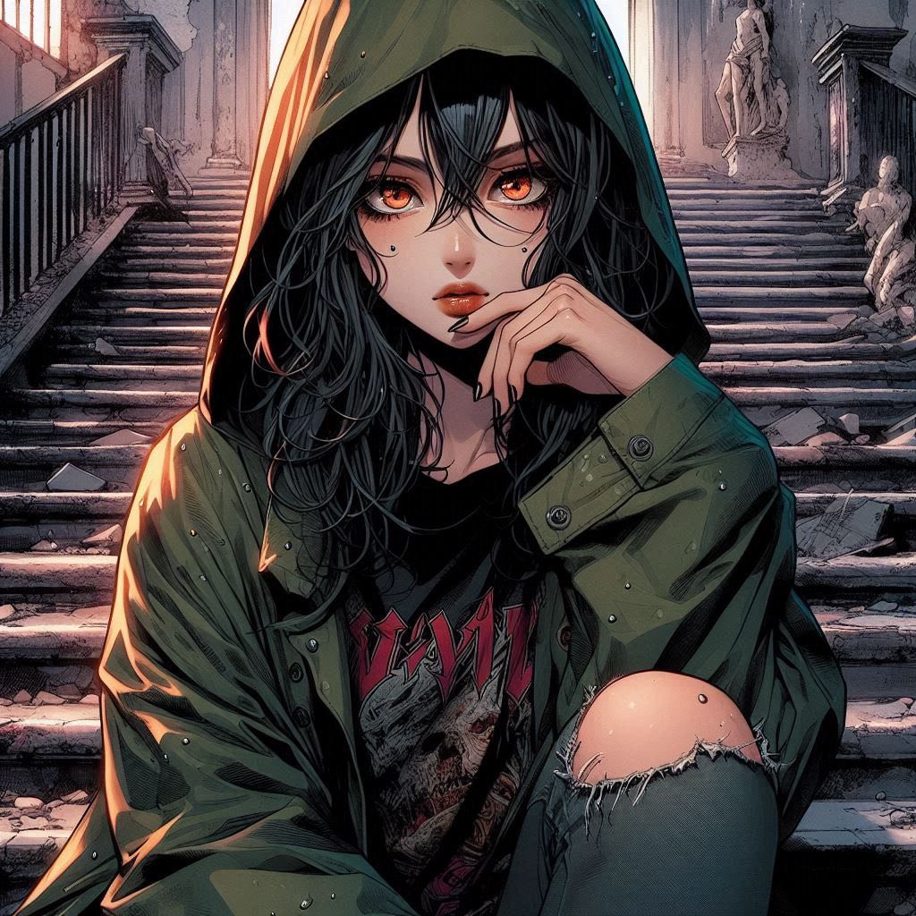 在廢墟樓梯上的女子