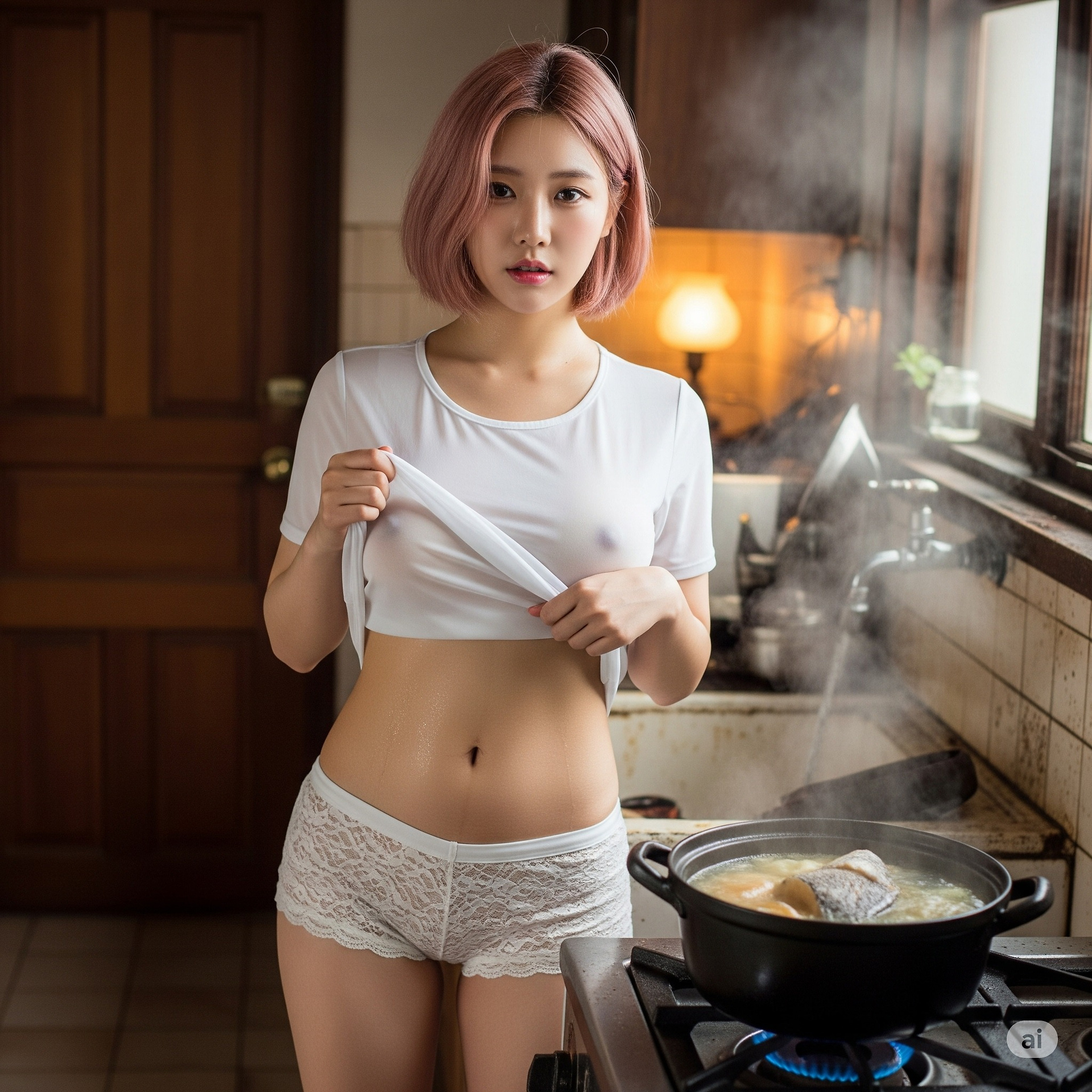 Girl cooks soup in the kitchen