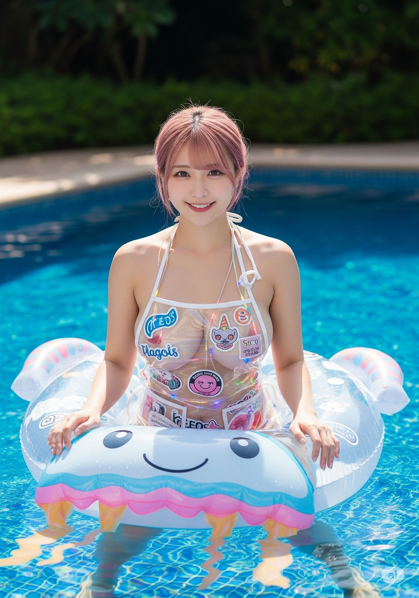 Sister brings a super Q-shaped swimming circle floating bed to the pool