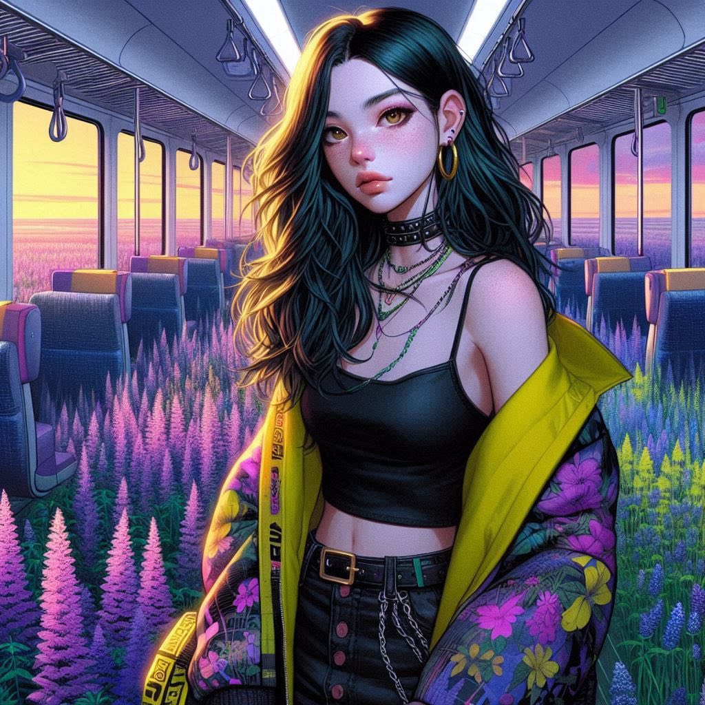 站在長滿花草的車廂