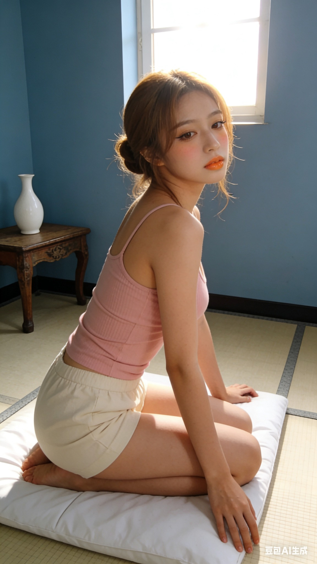 Pink ribbed cotton suspender vest