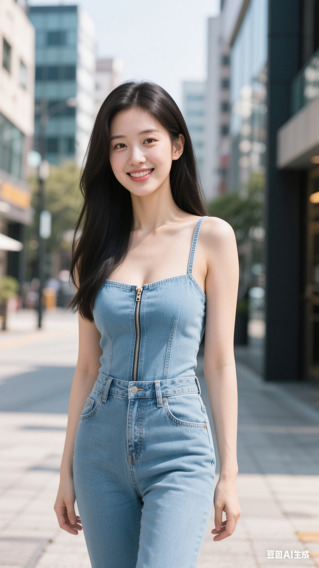 denim zipper pullover jumpsuit