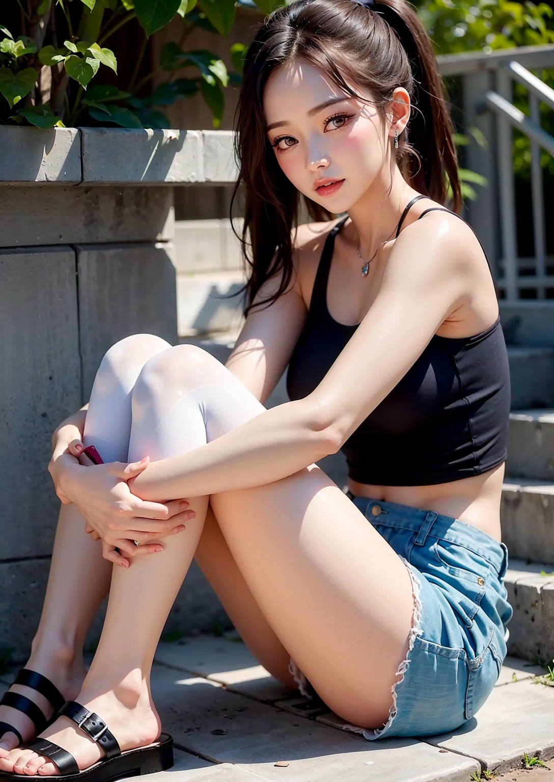 Girl washing car in summer