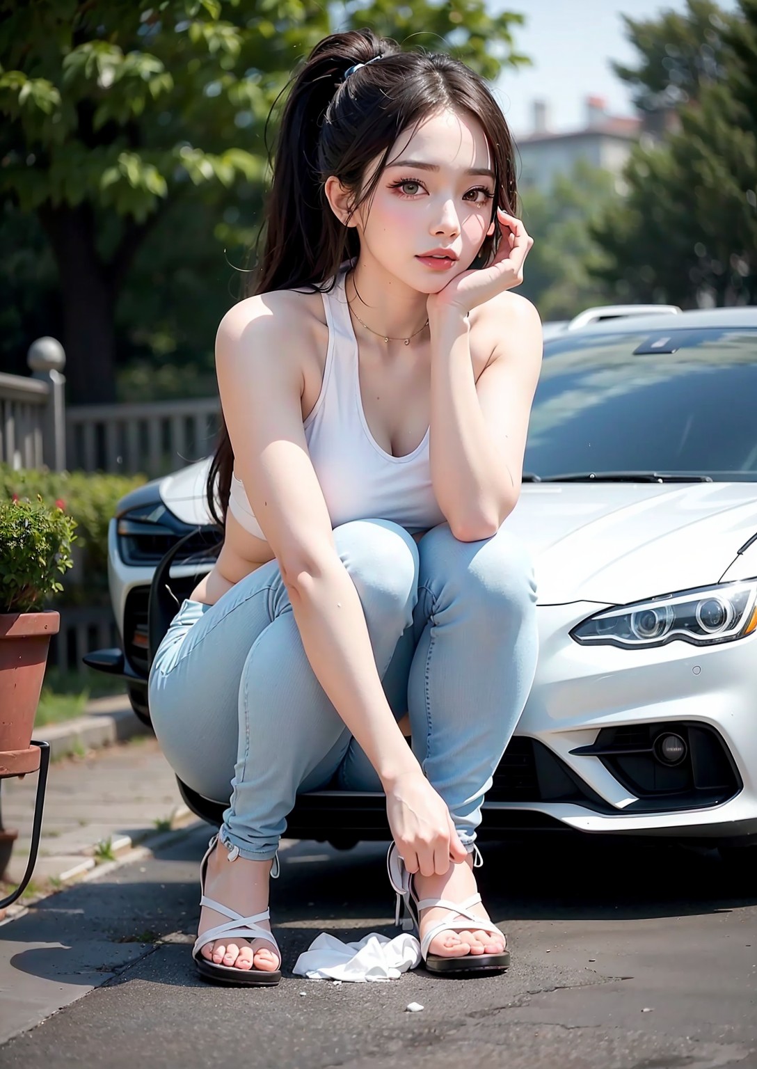 Girl washing car in summer