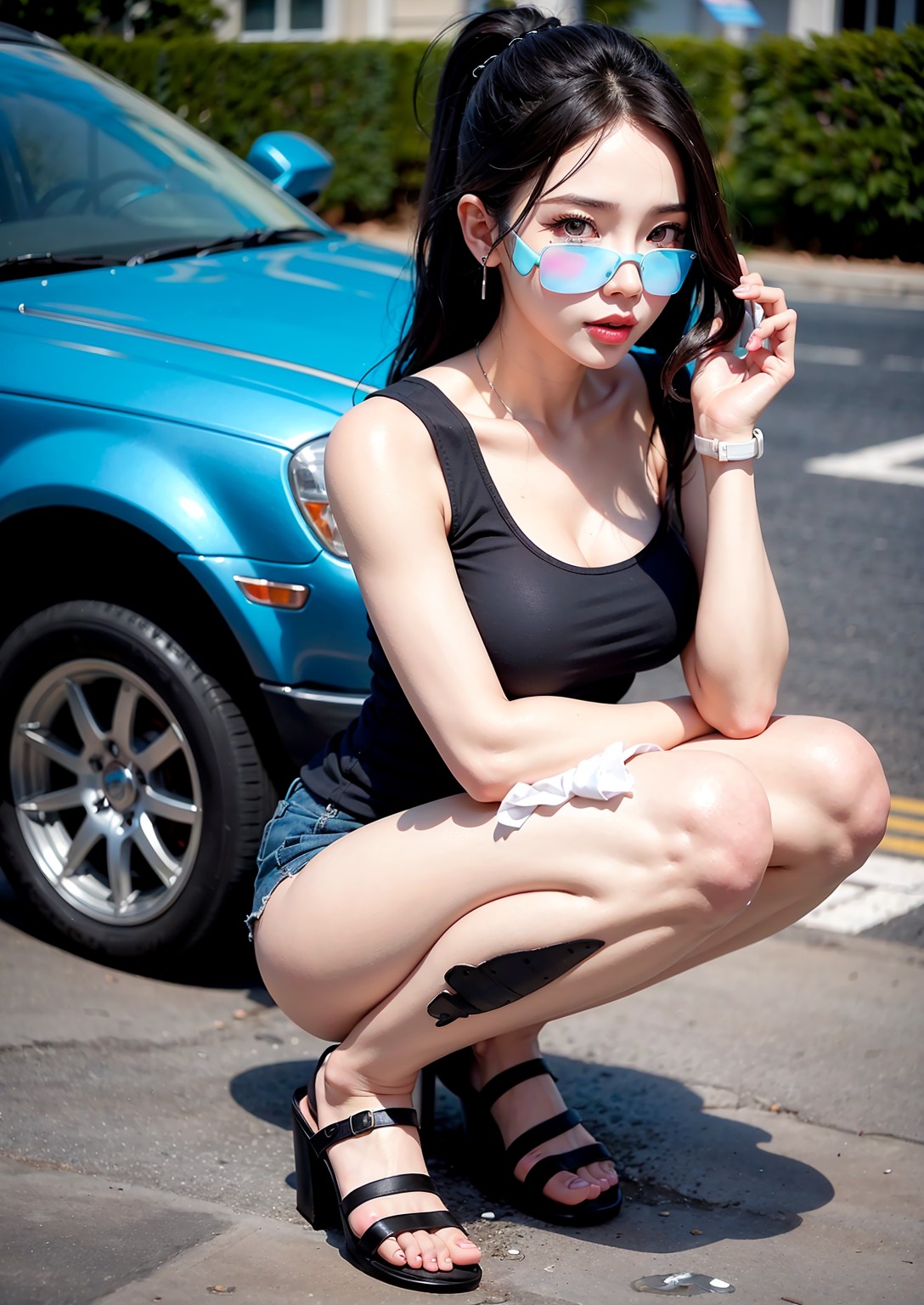 Girl washing car in summer
