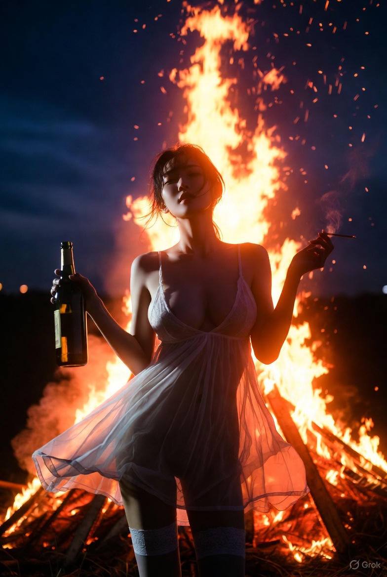 Sister drinking before campfire