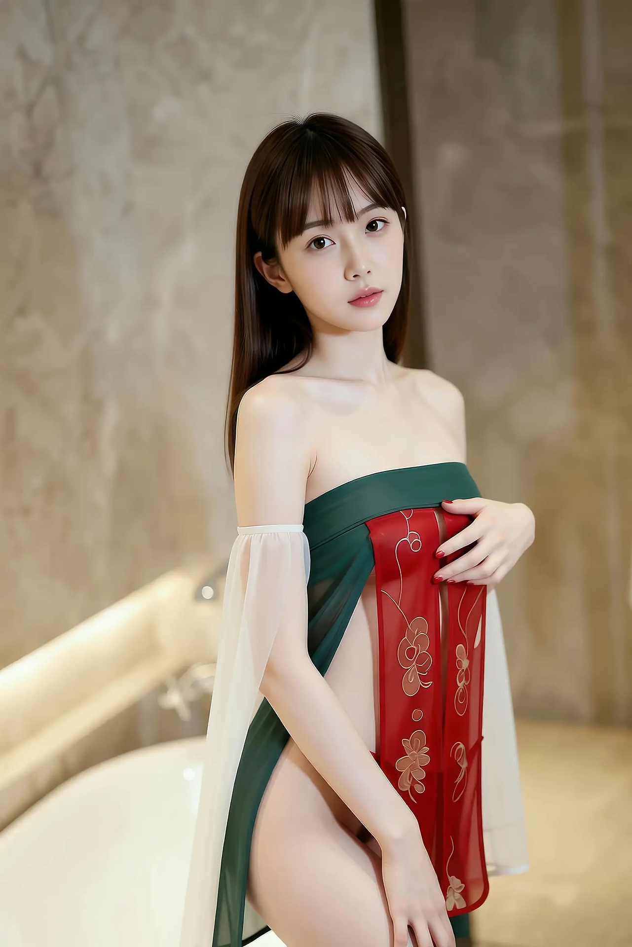 Mandarin - red-green vintage dress